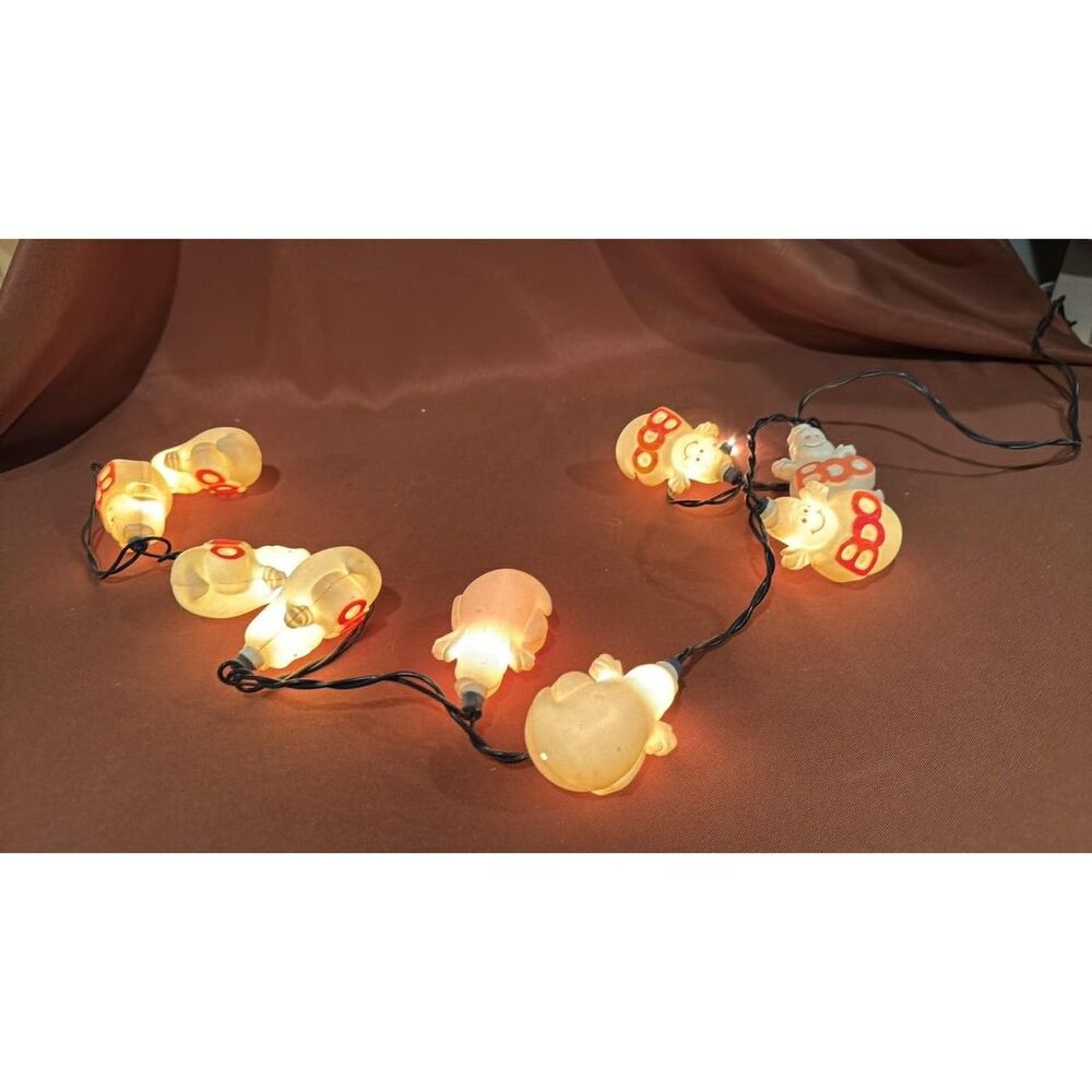 Halloween 9 Boo Ghost Blinking Indoor String Lights Blow Mold Set Vintage